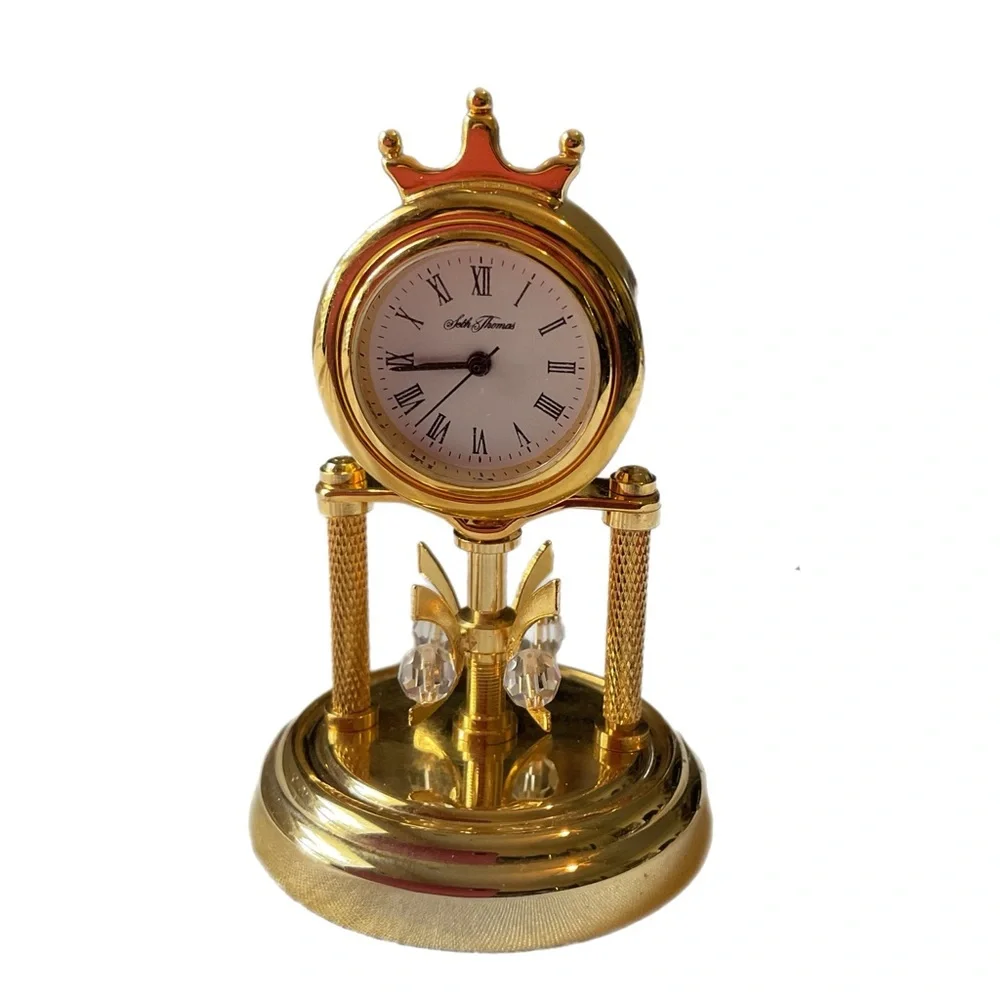 Rare Seth Thomas Miniature Anniversary Clock Gold Tone, Very Clear Glass Dome